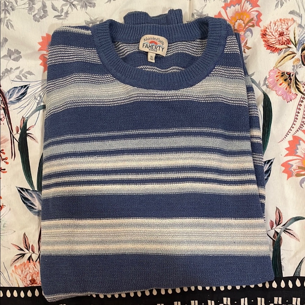 Faherty Blue and White Crewneck Sweater